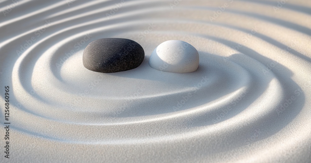 Fototapeta premium Zen Garden Balance Stones in Raked Sand Meditation Scene
