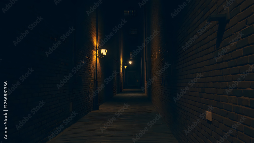 Fototapeta premium Mysterious Night Alley: A dimly lit alleyway, shrouded in shadows, creates a sense of mystery and intrigue. The perspective draws the viewer down a narrow passage between tall brick walls.