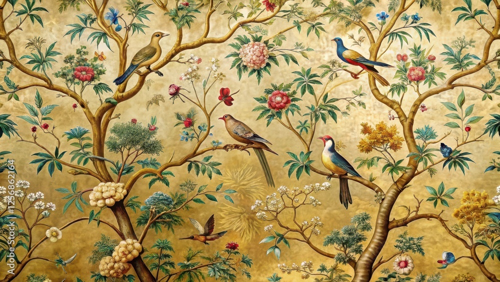 custom made wallpaper toronto digitalIntricate bird and tree motifs on a vintage chinoiserie wallpaper featuring ornate golden accents, intricate, trees, intricate