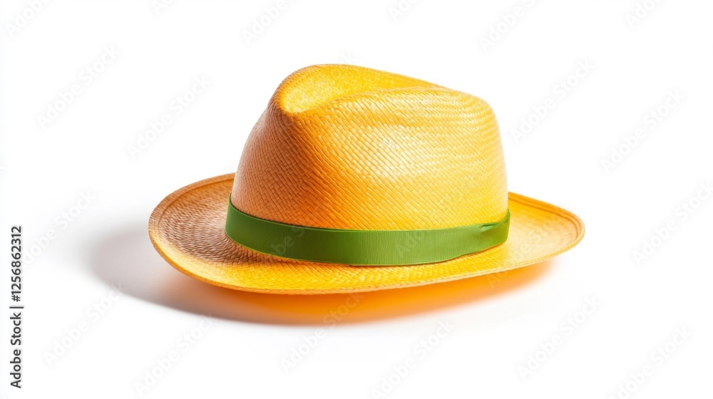 Yellow summer hat with a green ribbon isolated on a white background. Generative AI Yellow summer hat with a green ribbon isolated on a white background. Generative AI