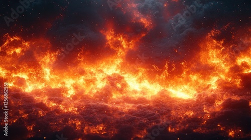 Fiery sunset over turbulent clouds with glowing embers creating a dramatic atmosphere