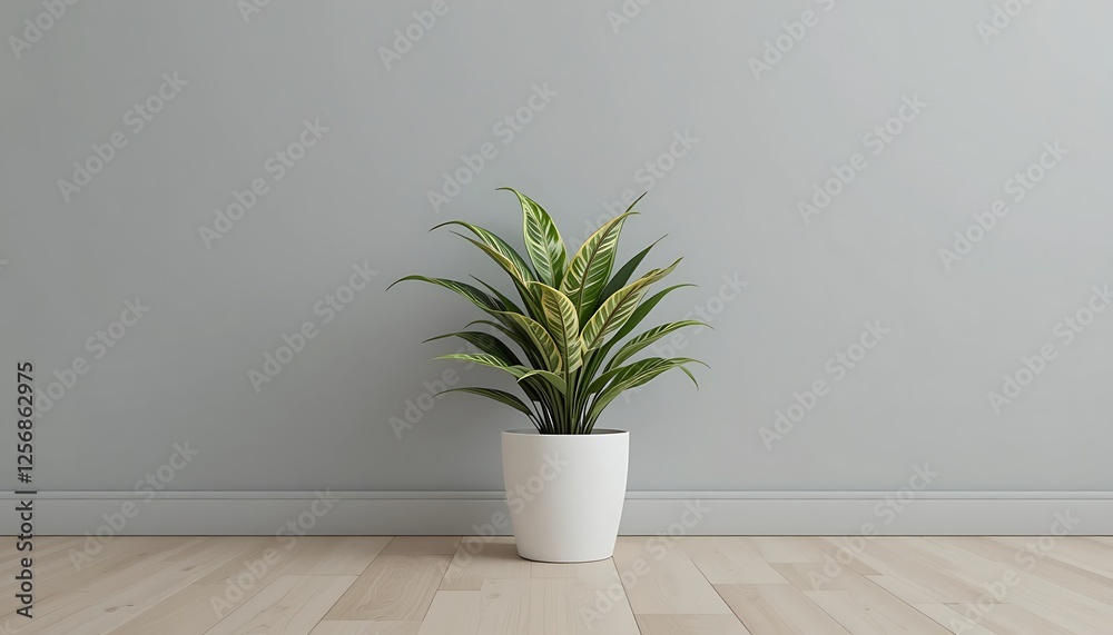 Fototapeta premium Modern Minimalist Interior Design with a Single Potted Plant on Light Wood Floor and Gray Wall