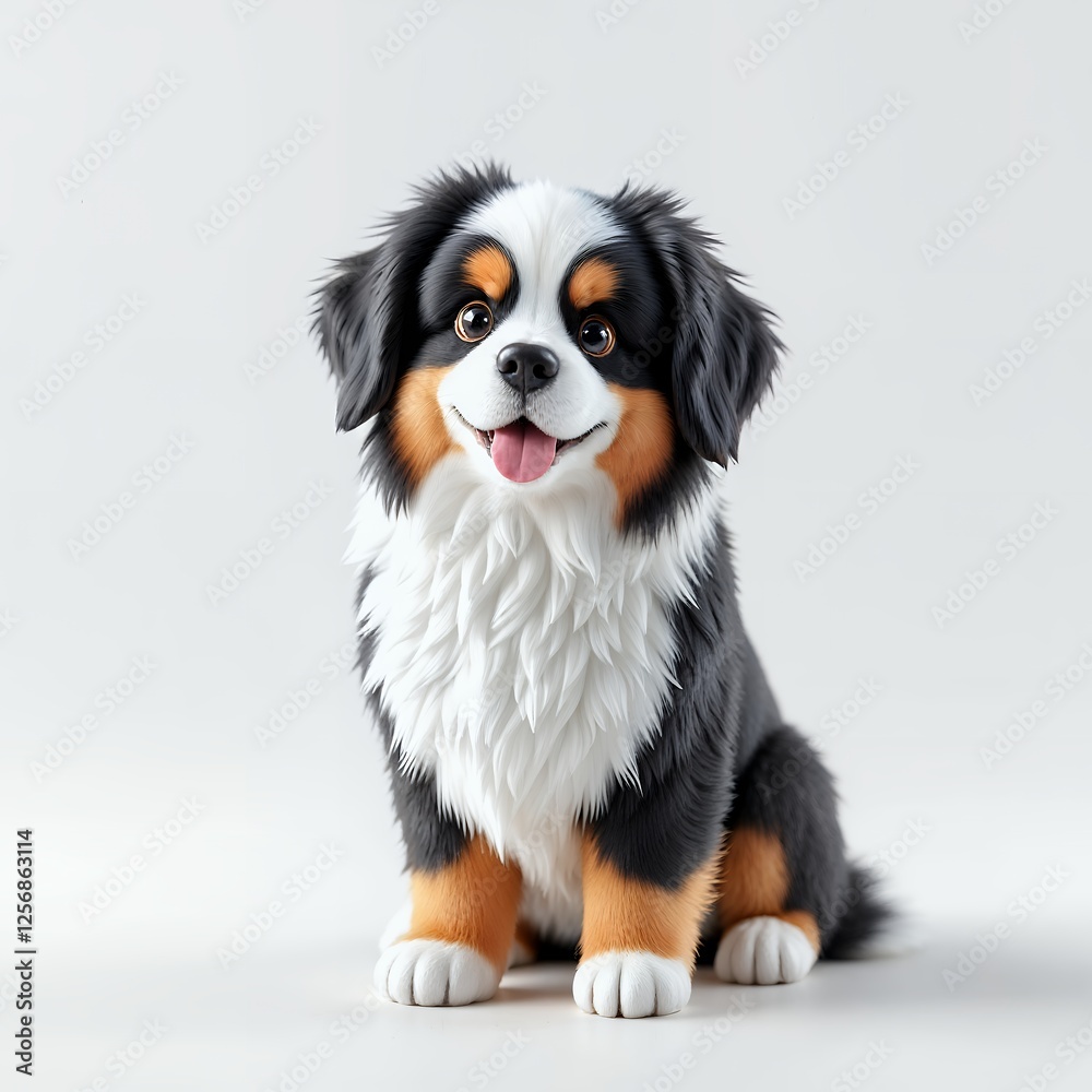 Bernese Mountain Dog puppy in plastic shiny style sitting indoors smiling in front of a white background in the studio with artificial lighting. The puppy is viewed from the front with a white Bernese Mountain Dog puppy in plastic shiny style sitting indoors smiling in front of a white background in the studio with artificial lighting. The puppy is viewed from the front with a white