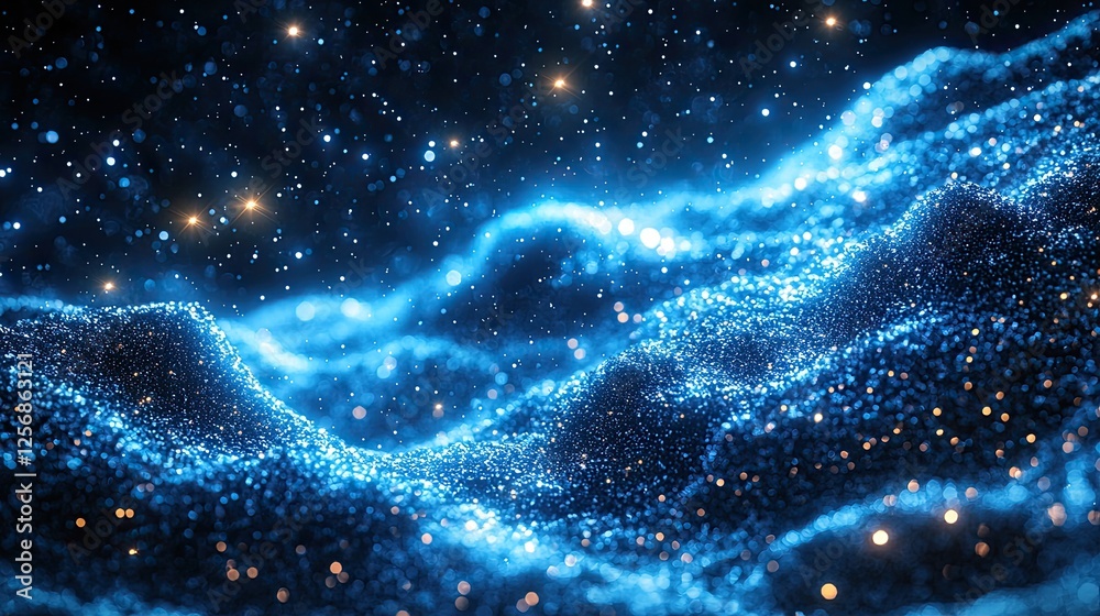 Fototapeta premium Abstract representation of shimmering blue waves with sparkling stars in a cosmic background