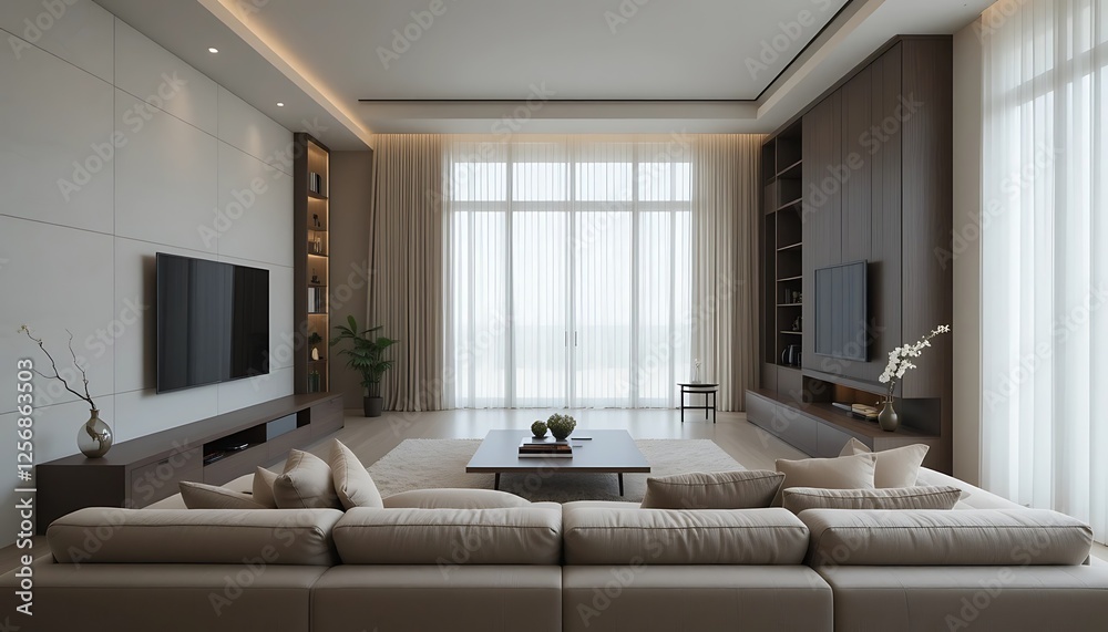 Fototapeta premium Modern minimalist living room interior design with beige sofa, large windows, and built-in wall units