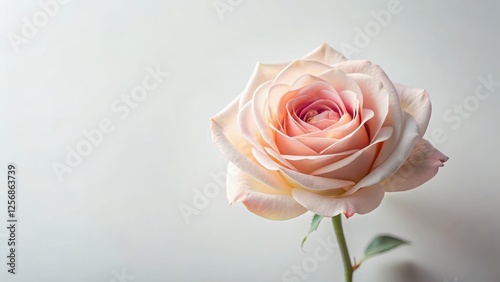 A solitary rose flower with velvety petals in soft pastel hues against a stark white background, floral arrangement, delicate bloom