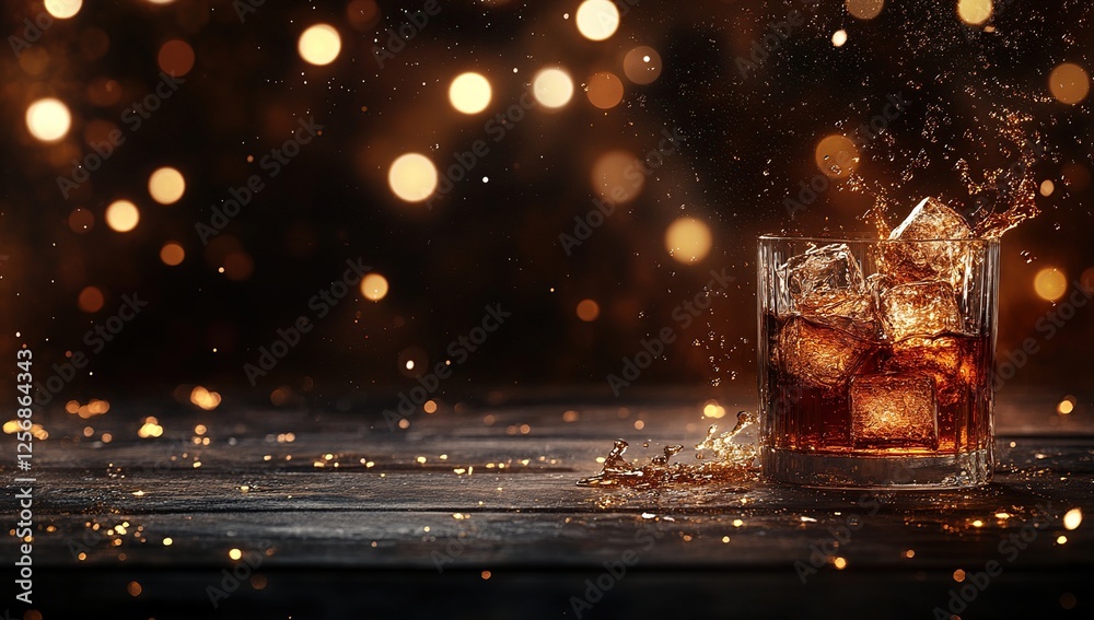 Ice Cubes Splashing into Whiskey Glass on Dark Wood, Festive Lights Background: A Relaxing Drink Experience Ice Cubes Splashing into Whiskey Glass on Dark Wood, Festive Lights Background: A Relaxing Drink Experience