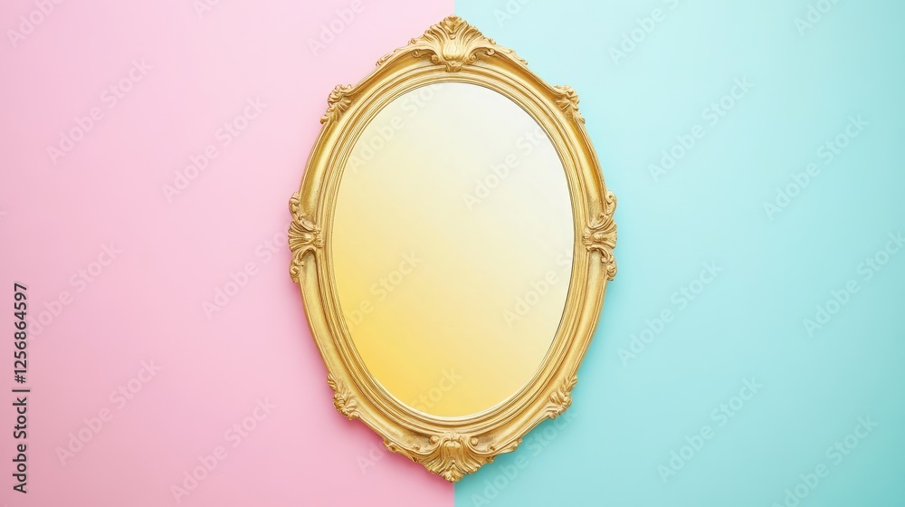 Ornate Gold Framed Oval Mirror on Pastel Background Ornate Gold Framed Oval Mirror on Pastel Background