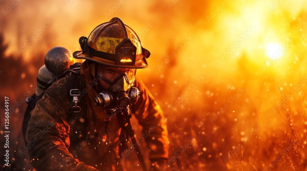 Firefighter working in dangerous forest fire battling smoke and flames in intense heat. Generative AI Firefighter working in dangerous forest fire battling smoke and flames in intense heat. Generative AI