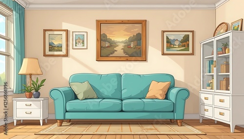 A Cozy and Sunlit Living Room with Teal Sofa, Artwork, and Bookshelf