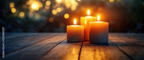 Candles Glowing on a Wooden Table in the Night