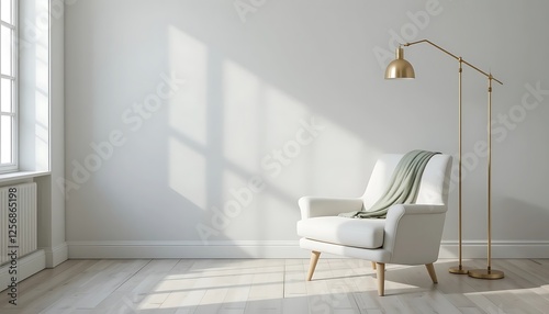 Minimalist White Room Interior Design with Modern White Armchair and Gold Floor Lamp