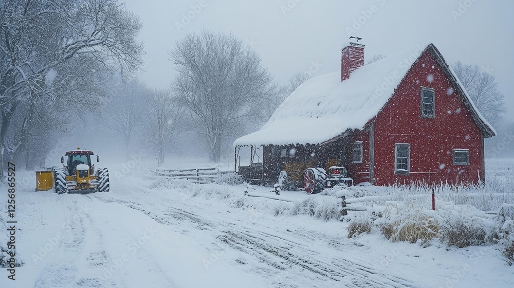 Naklejka premium Snow-covered red house and tractor clearing snow in winter. Generative AI