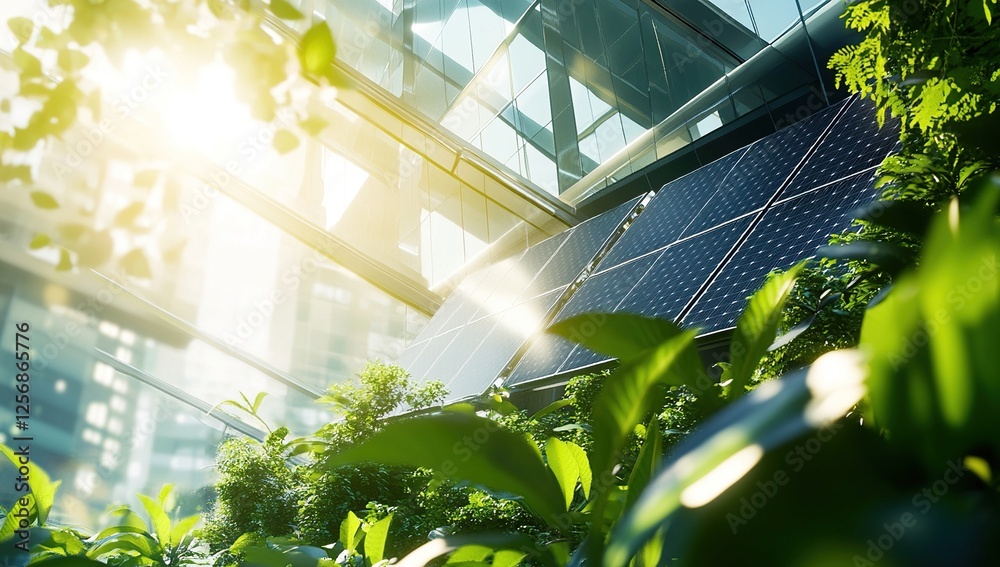 Green Building Design: Solar Panels Integrate with Lush Greenery for Sustainable Living in Modern Cityscapes Green Building Design: Solar Panels Integrate with Lush Greenery for Sustainable Living in Modern Cityscapes