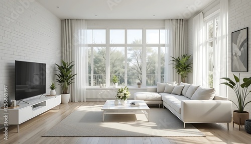 Modern Minimalist Living Room with White Walls, Large Windows, and Comfortable Sectional Sofa