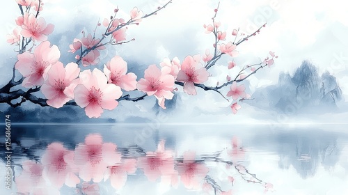 Serene landscape featuring cherry blossoms reflected in calm water with distant mountains