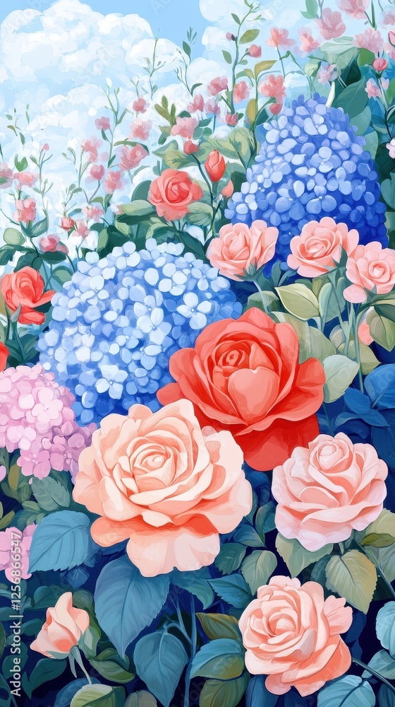 Fototapeta premium Watercolor painting showcasing beautiful roses and hydrangeas in full bloom