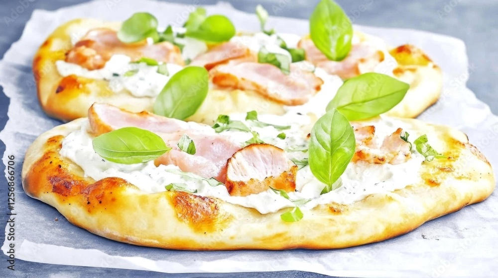 Grilled Chicken Naan with Fresh Herbs and Creamy Sauce. Generative AI