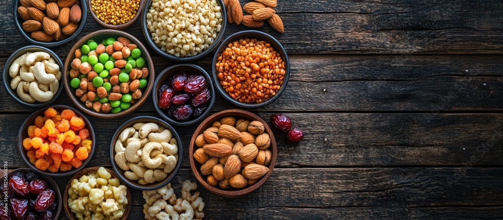 Fototapeta premium Wooden bowl snack mix, healthy food