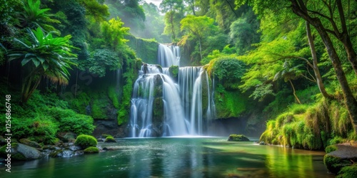 Waterfall in dense forest, scenery, green,  scenery, green, atmosphere, calm, landscape,waterfall, serene , serene