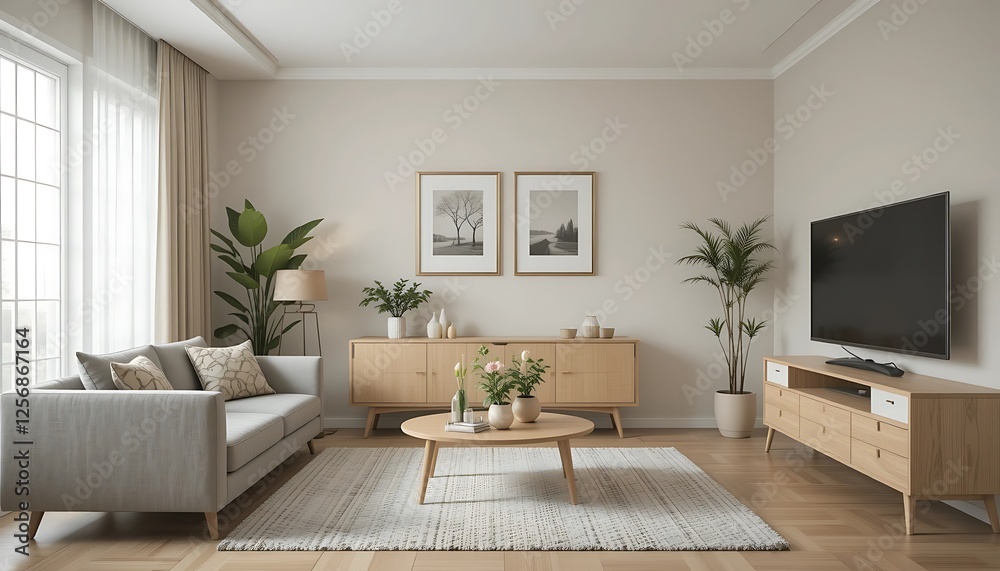 Fototapeta premium Modern minimalist living room interior design with light beige walls, wooden furniture, and a cozy atmosphere