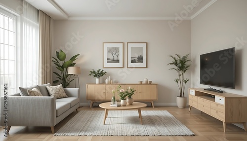 Modern minimalist living room interior design with light beige walls, wooden furniture, and a cozy atmosphere