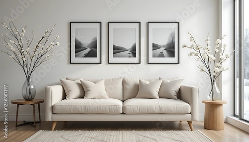 Modern minimalist living room interior design with beige sofa, three black framed landscape photos, and white blossom branches in glass vases