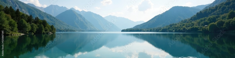 Reflections on calm lake water with surrounding mountains and trees, reflection, tranquility, trees Reflections on calm lake water with surrounding mountains and trees, reflection, tranquility, trees