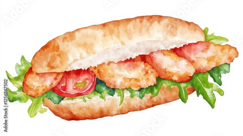 Delicious shrimp sandwich with lettuce and tomato in a fresh bread bun. Generative AI