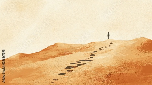 Figure walks along footprint trail in watercolor desert illustration