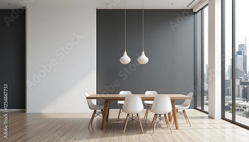 Modern Minimalist Dining Room with City View and Stylish Wooden Table