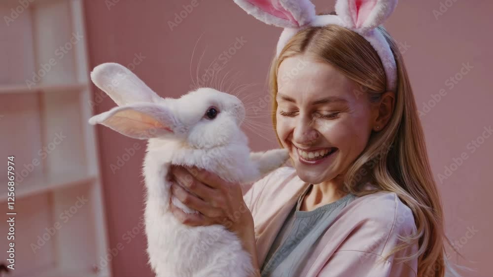A joyful woman wearing bunny ears holds a white rabbit, smiling in a pastel room. Close-up, eye-level angle, playful and warm concept. Video. A joyful woman wearing bunny ears holds a white rabbit, smiling in a pastel room. Close-up, eye-level angle, playful and warm concept. Video.