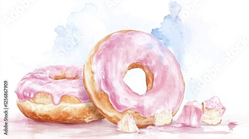 Watercolor Illustration of Two Delicious Pink Glazed Donuts with Bite Taken Out. Generative AI