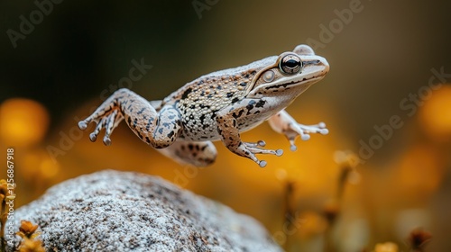 A vibrant frog leaping over a rock amidst blooming flowers in a serene natural setting