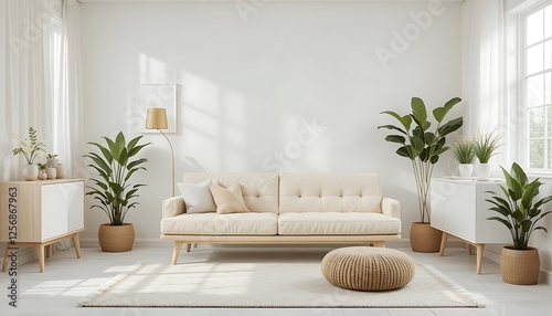 Bright Minimalist Living Room Interior Design with Beige Sofa and Plants