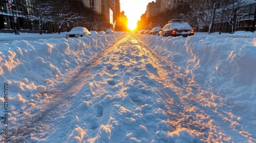 Snowy Street with Cars Under the Setting Sun in a Cityscape. Generative AI photo