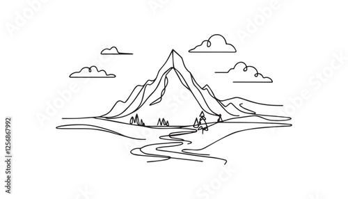 Continuous one single minimal line drawing mountain