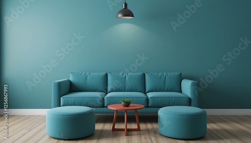 Teal Living Room Interior Design with Sofa, Ottomans, and Coffee Table
