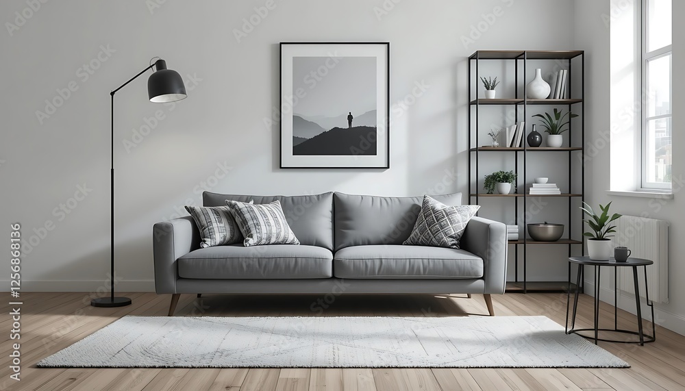 Modern minimalist living room interior design with gray sofa, black metal shelving, and floor lamp