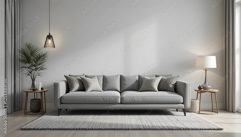 Modern minimalist living room interior design with grey sofa, rug, and side tables