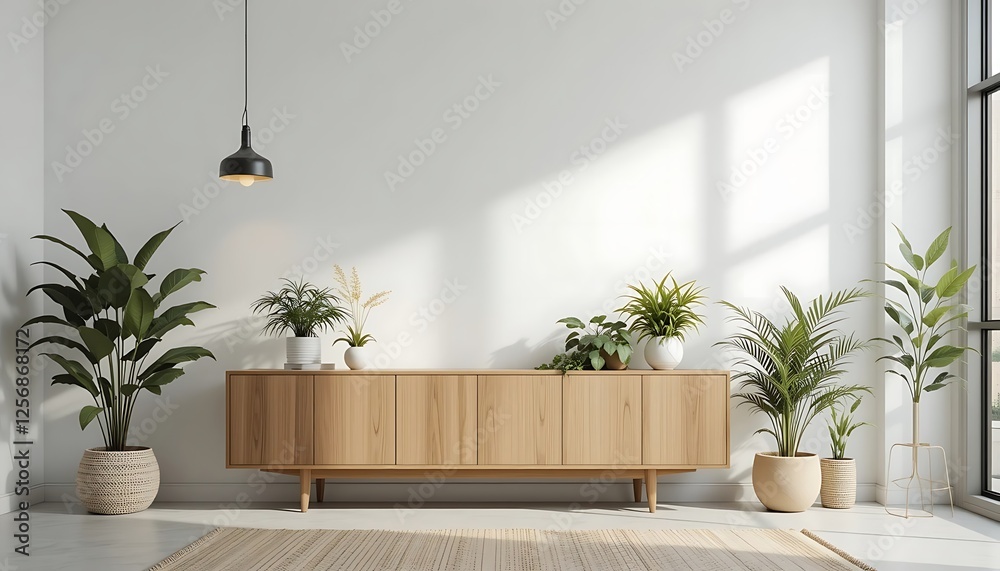 Modern minimalist living room interior design with light wood sideboard, potted plants, and a stylish pendant lamp