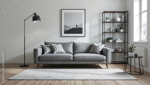 Obraz na płótnie Modern minimalist living room interior design with gray sofa, black metal shelving, and floor lamp w salonie