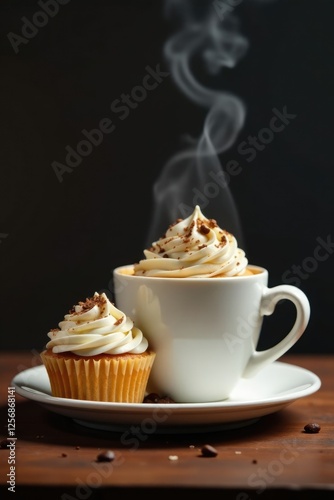Rich aroma of freshly brewed coffee wafts from a steaming cup beside a delicate cupcake, aroma, cupcake, fresh