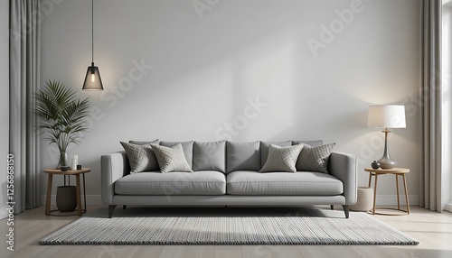 Obraz na płótnie Modern minimalist living room interior design with grey sofa, rug, and side tables w salonie