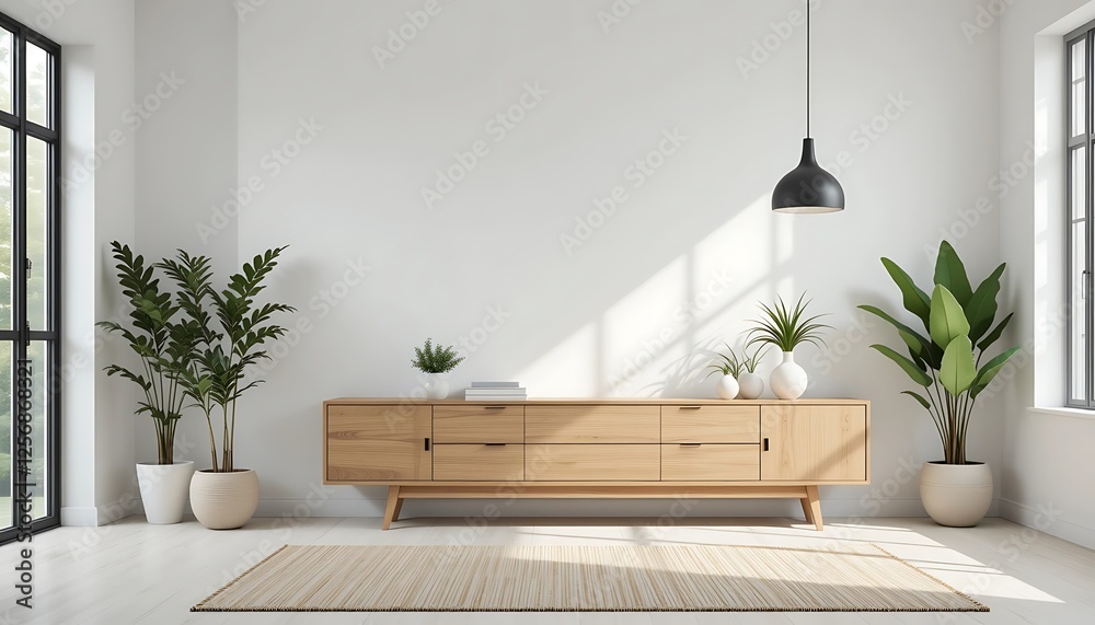 Modern minimalist living room interior design with light wood sideboard, plants, and a rug