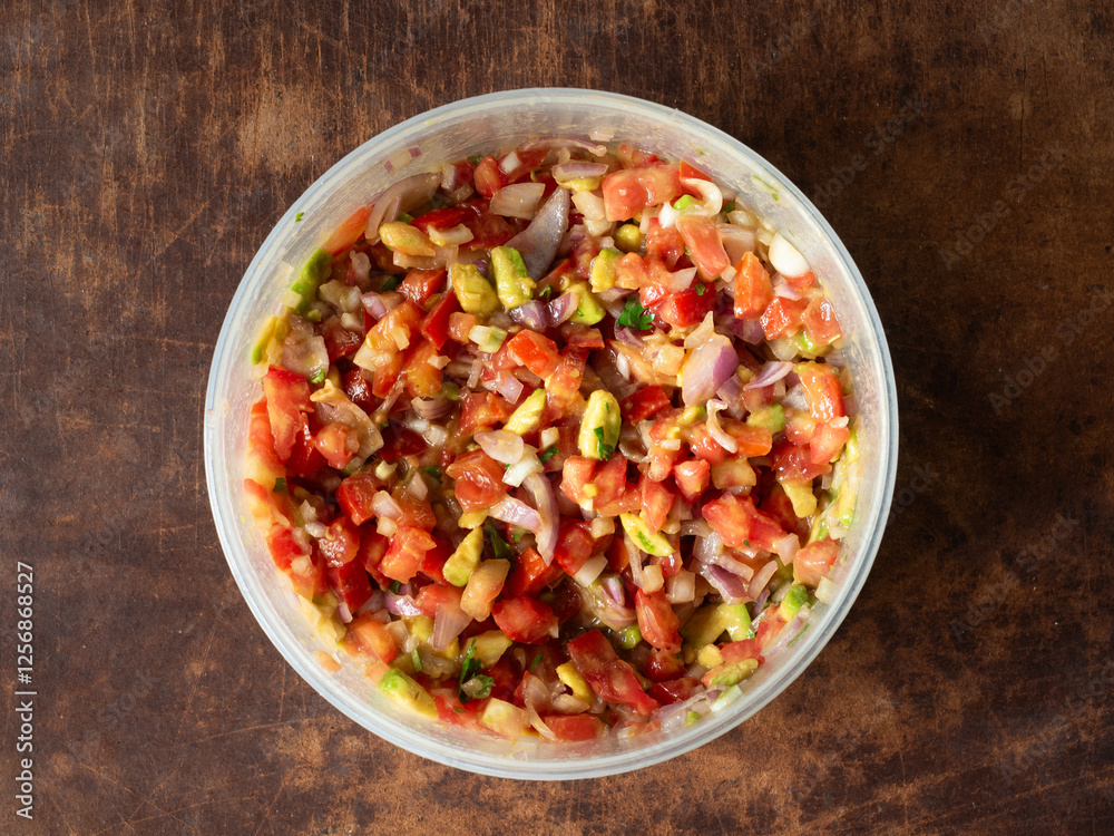 mix of chopped fresh tomato, avocado, shallot and coriander in food container mix of chopped fresh tomato, avocado, shallot and coriander in food container