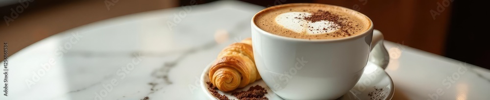 Rich hot cocoa surrounds a delicate chocolate croissant on a marble table, creamy, croissant, inviting Rich hot cocoa surrounds a delicate chocolate croissant on a marble table, creamy, croissant, inviting
