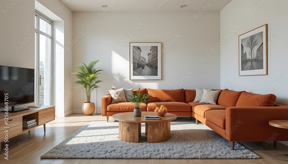 Modern Living Room Interior Design with Orange Sofa, Wooden Coffee Table, and Large Windows