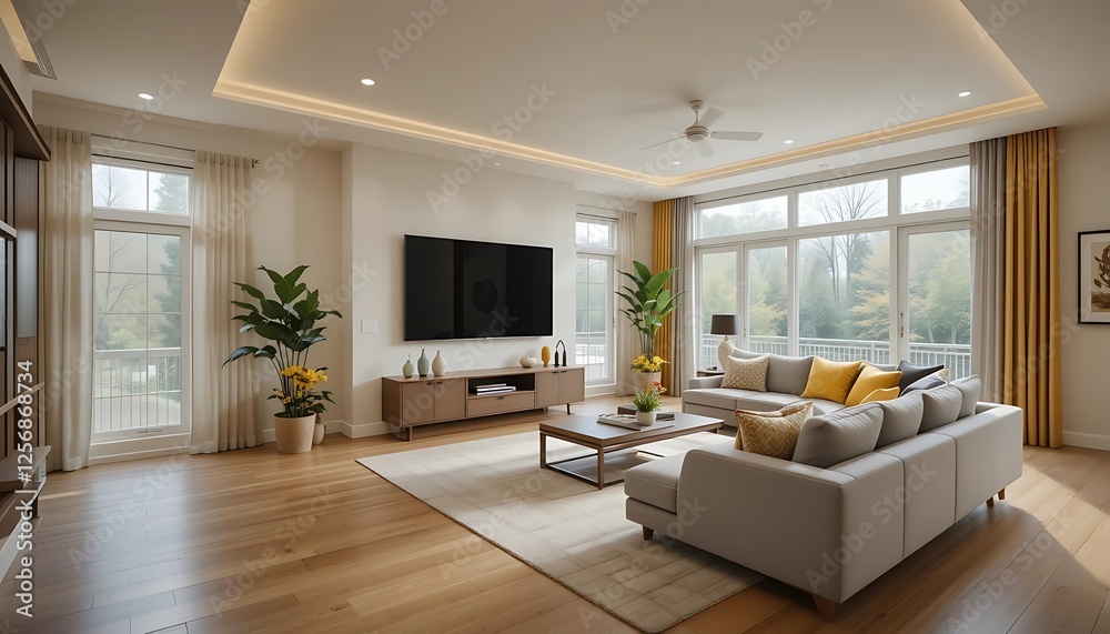 Modern Living Room with Large Windows, Sectional Sofa, and Hardwood Floors