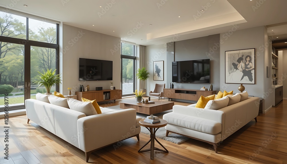 Modern Luxury Living Room Interior Design with Large Windows and Hardwood Floors